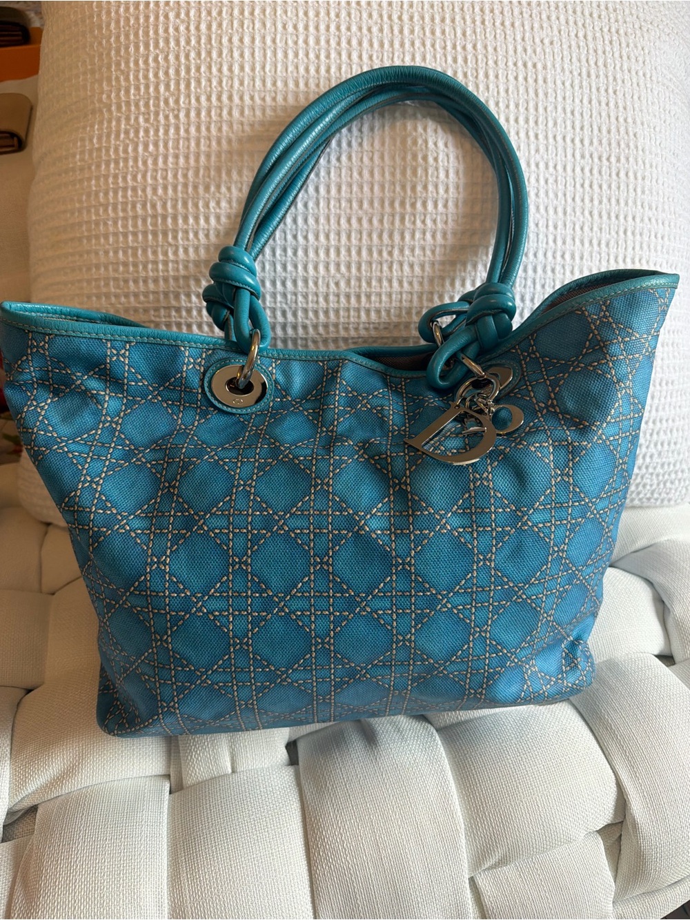 Dior Turquoise Quilted Tote with Knot Handles and Silver Charm